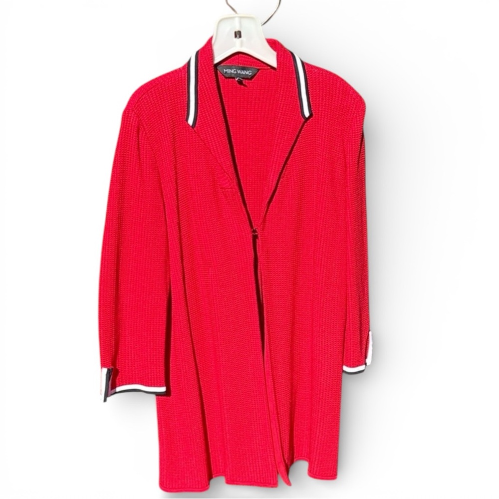 Ming Wang Red Textured Knit Jacket with Contrast Trim – Size M